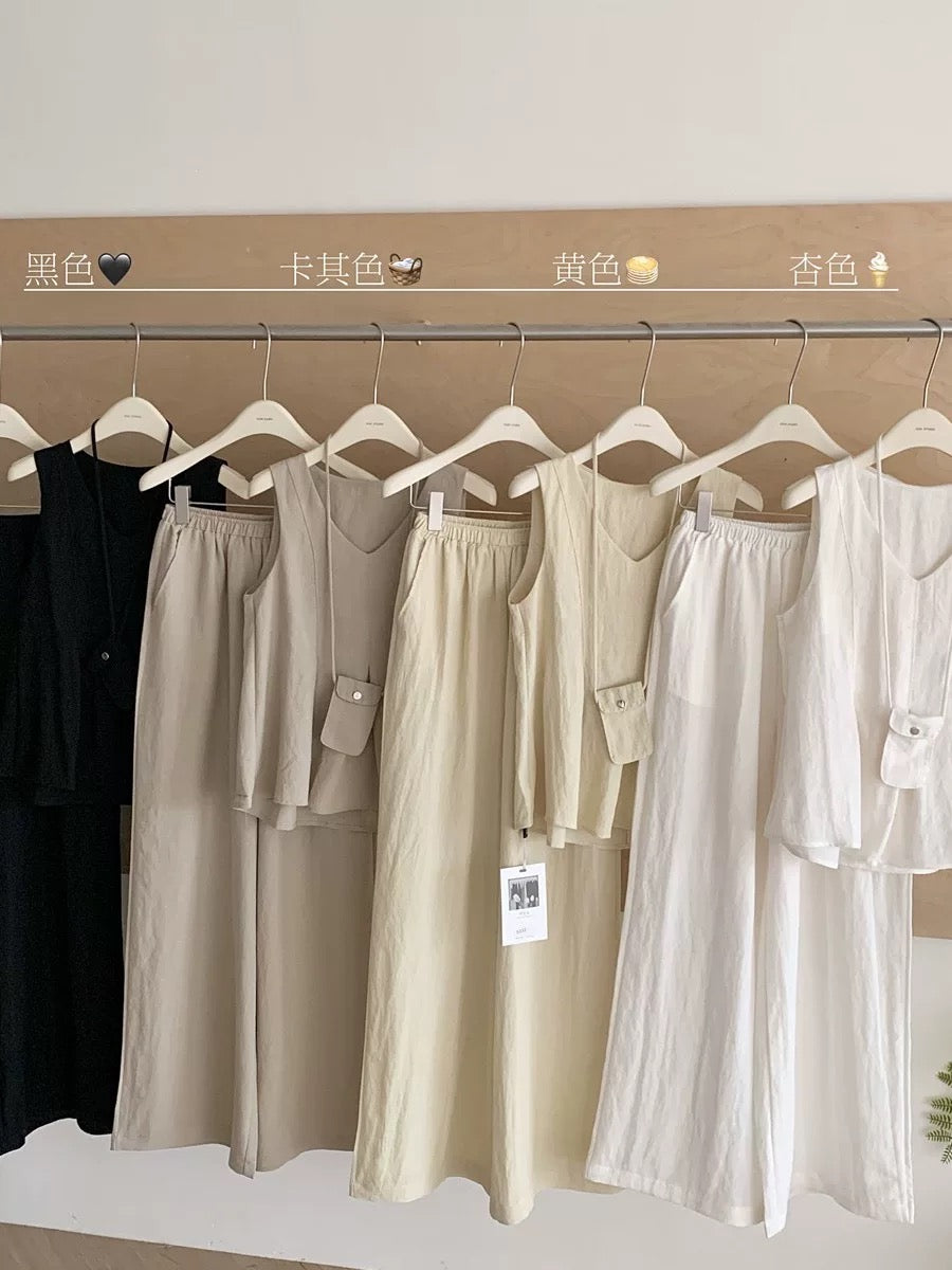 Fashionable tea break outfit, lazy and relaxed V-neck vest top, wide-leg trousers, Korean style fashion two-piece suit