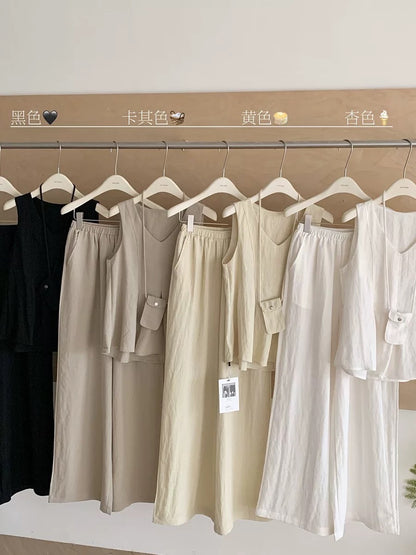 Fashionable tea break outfit, lazy and relaxed V-neck vest top, wide-leg trousers, Korean style fashion two-piece suit