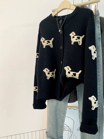 Black puppy sweater coat women autumn and winter thick European goods lazy petite short knitted cardigan top