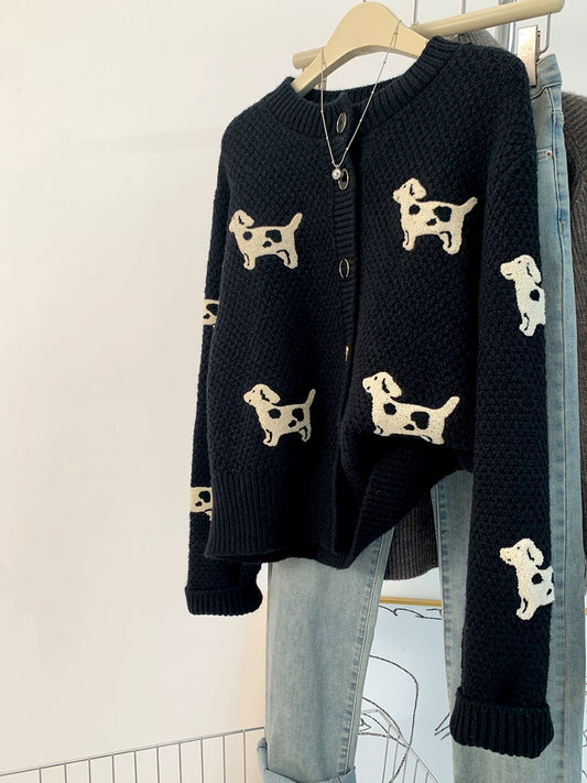 Black puppy sweater coat women autumn and winter thick European goods lazy petite short knitted cardigan top