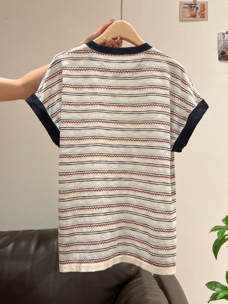 Xia Zhen American Retro Striped Color Block Short-Sleeve T-Shirt Women's Summer Round Neck Straight Shoulder Loose Fit Slimming Relaxed Top