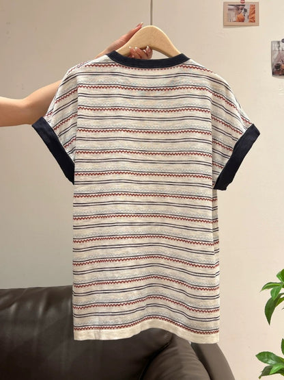Xia Zhen American Retro Striped Color Block Short-Sleeve T-Shirt Women's Summer Round Neck Straight Shoulder Loose Fit Slimming Relaxed Top