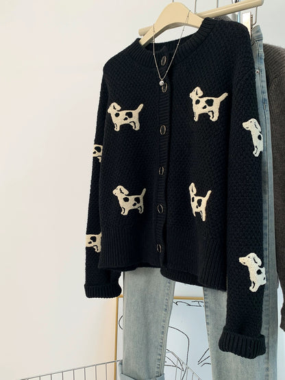 Black puppy sweater coat women autumn and winter thick European goods lazy petite short knitted cardigan top
