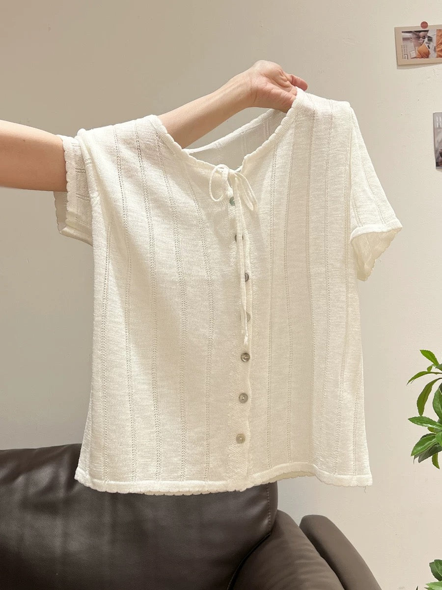 Xia Zhen French Sweet Round Neck Solid Color Short Sleeve Knit Top 2025 Summer Design Loose Cropped Top