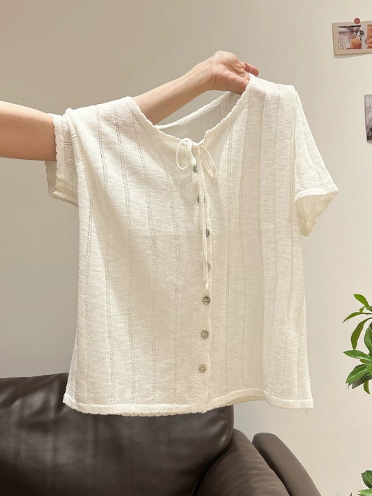 Xia Zhen French Sweet Round Neck Solid Color Short Sleeve Knit Top 2025 Summer Design Loose Cropped Top