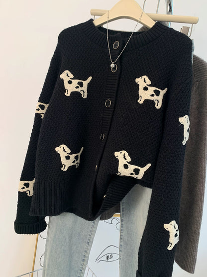 Black puppy sweater coat women autumn and winter thick European goods lazy petite short knitted cardigan top
