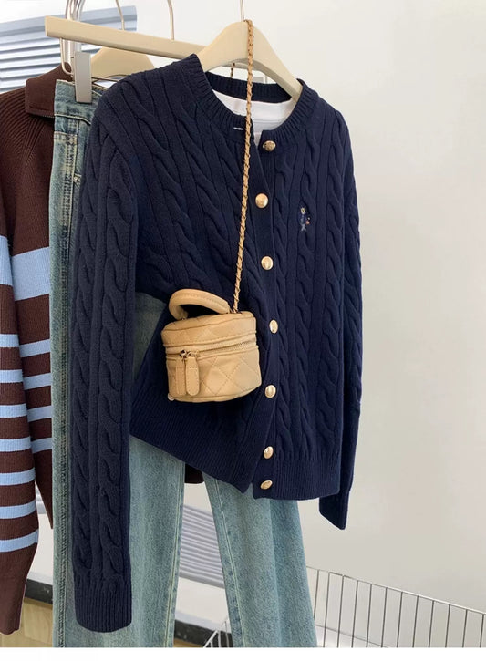 Navy blue cable knit wool sweater sweater jacket women autumn and winter 2025 new small size straight shoulder outer wear cardigan