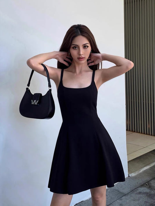 NEVA HU Black Square Neck Suspender Dress Women's Summer A-Line Short Skirt High-end Temperament Waist Skirt
