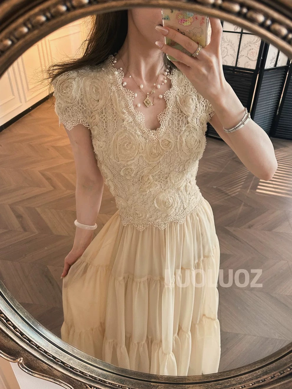 LUOLUOZ [Enchanted Garden] French Chic, Exquisite Luxury, Waist-Slimming, Goddess-like Long Dress JF712