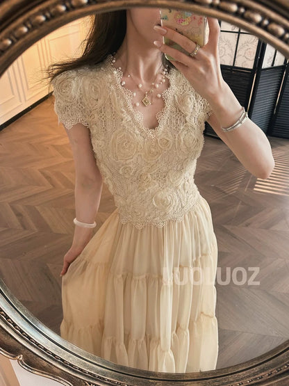 LUOLUOZ [Enchanted Garden] French Chic, Exquisite Luxury, Waist-Slimming, Goddess-like Long Dress JF712