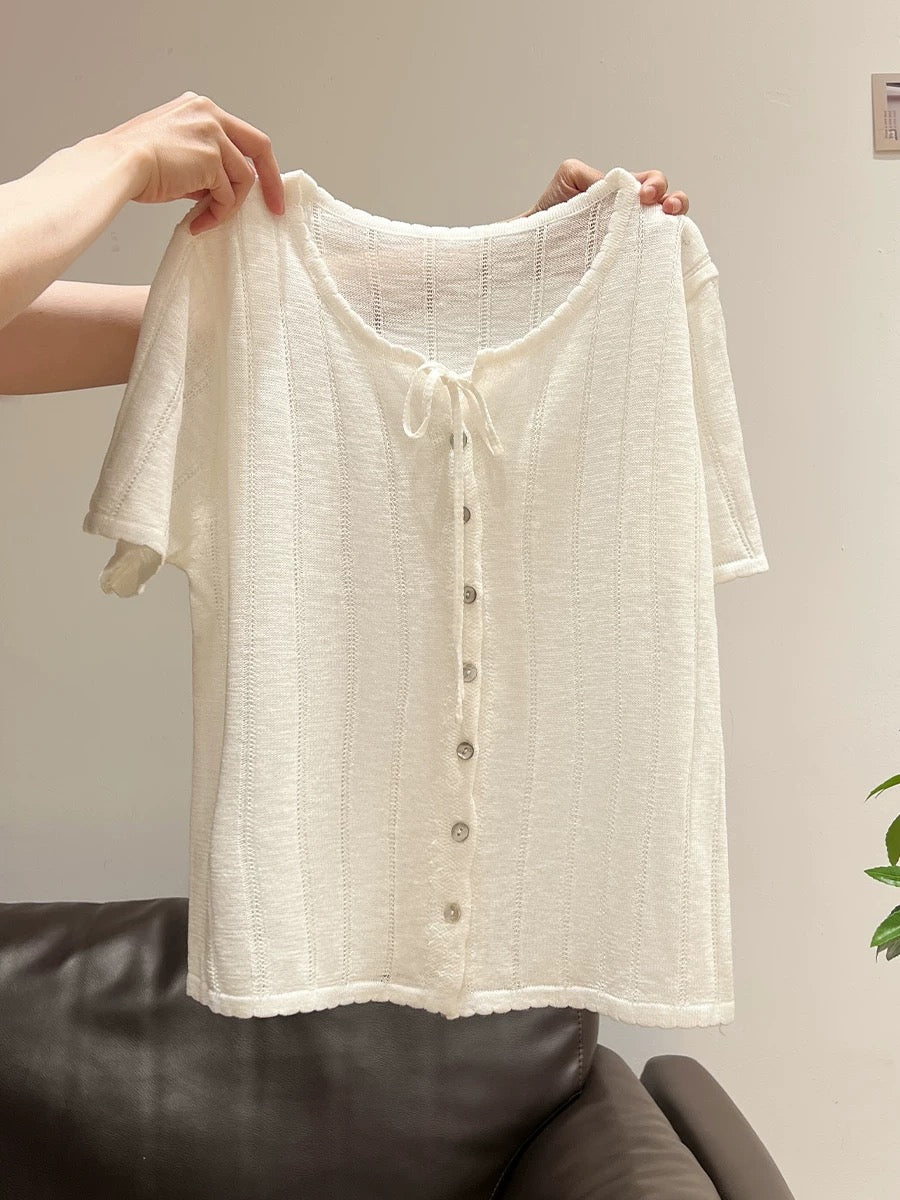 Xia Zhen French Sweet Round Neck Solid Color Short Sleeve Knit Top 2025 Summer Design Loose Cropped Top