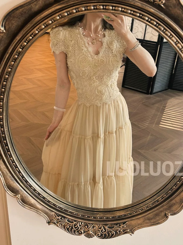 LUOLUOZ [Enchanted Garden] French Chic, Exquisite Luxury, Waist-Slimming, Goddess-like Long Dress JF712