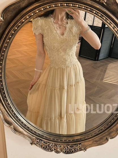 LUOLUOZ [Enchanted Garden] French Chic, Exquisite Luxury, Waist-Slimming, Goddess-like Long Dress JF712