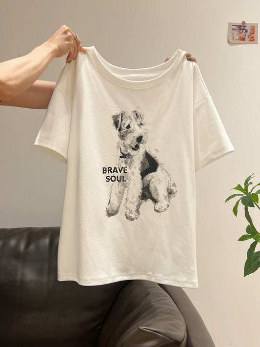 Xia Zhen White Cute Dog Off-Shoulder Short-Sleeve T-Shirt Women's Summer New Loose and Lazy Style Slimming Top