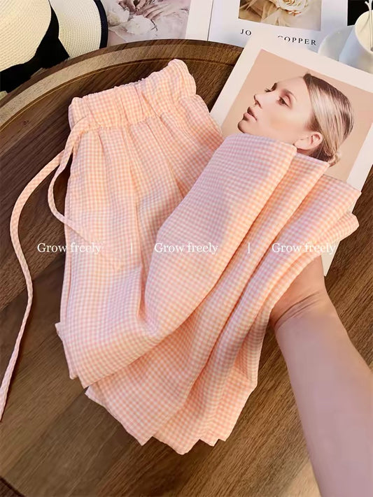 Grow freely pink plaid casual wide-leg pants for women, summer thin style, petite, loose boyfriend style, relaxed and casual.