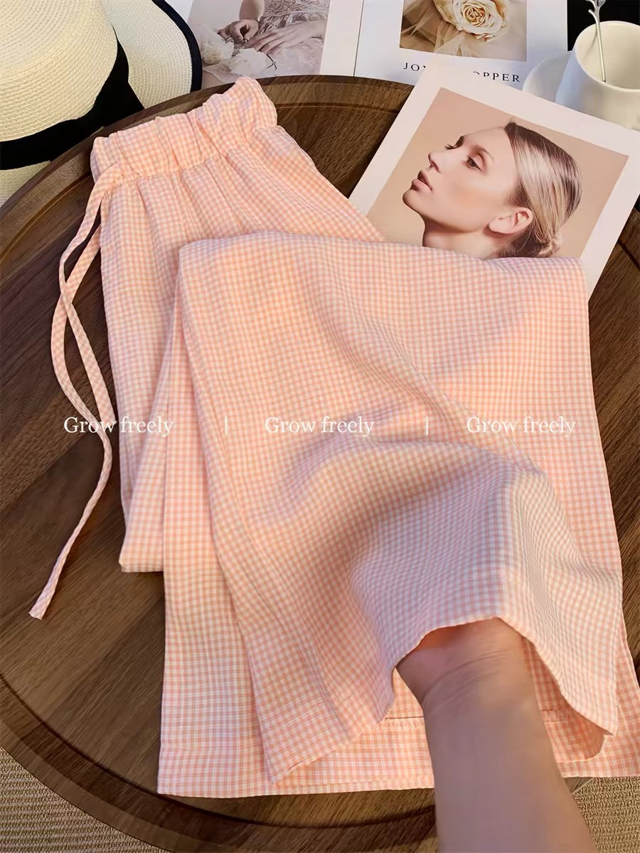 Grow freely pink plaid casual wide-leg pants for women, summer thin style, petite, loose boyfriend style, relaxed and casual.