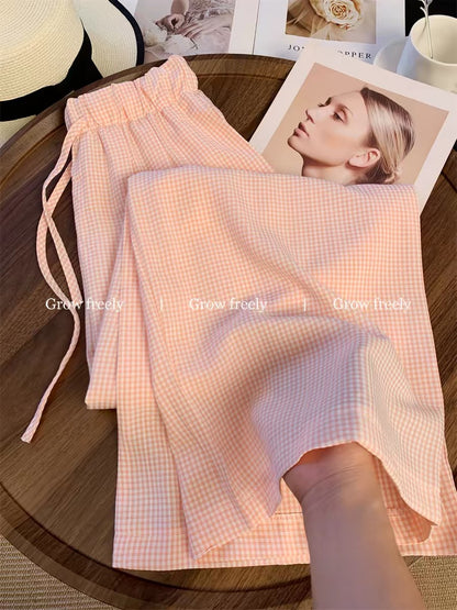 Grow freely pink plaid casual wide-leg pants for women, summer thin style, petite, loose boyfriend style, relaxed and casual.