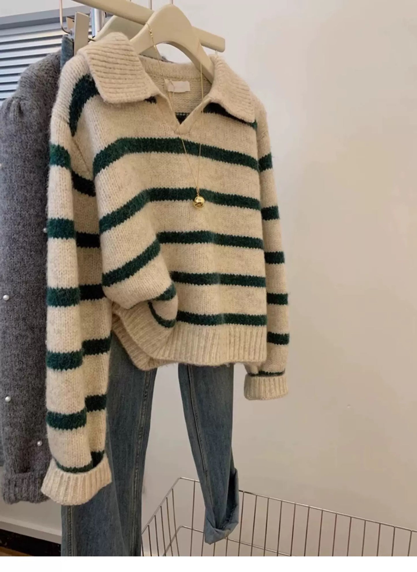 Green striped lapel pullover cashmere sweater jacket women's autumn and winter 2025 new lazy style wool sweater