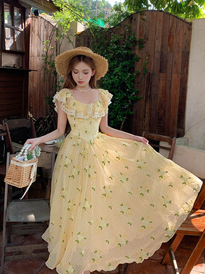 Bingbing is here丨[Summer Limited] French girly style daisy dress classic plaid long skirt