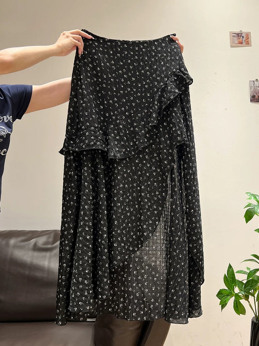 Xia Zhen Black Floral Print Thin Skirt for Women, Summer Style, Irregular Hem, Unique Design
