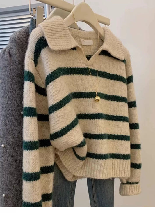Green striped lapel pullover cashmere sweater jacket women's autumn and winter 2025 new lazy style wool sweater