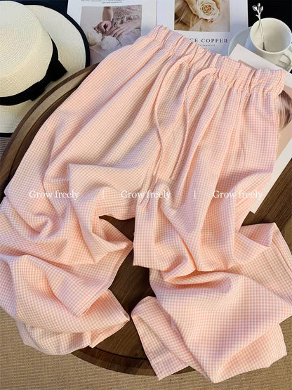 Grow freely pink plaid casual wide-leg pants for women, summer thin style, petite, loose boyfriend style, relaxed and casual.