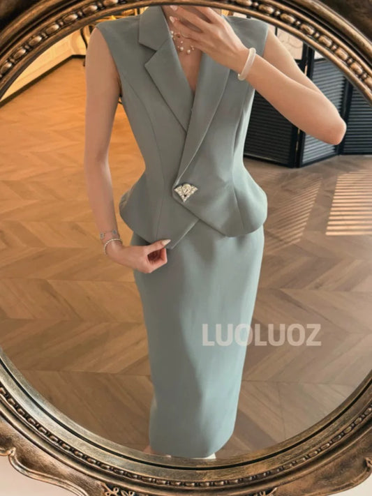LUOLUOZ【Summer Melodies】High-End Elegance Light Luxury Faux Two-Piece Fashionable Long Dress CC186