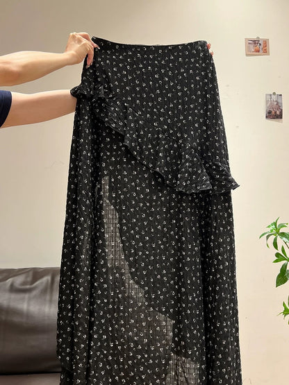 Xia Zhen Black Floral Print Thin Skirt for Women, Summer Style, Irregular Hem, Unique Design