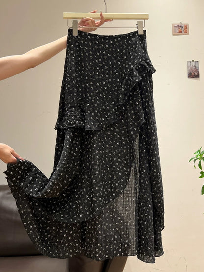Xia Zhen Black Floral Print Thin Skirt for Women, Summer Style, Irregular Hem, Unique Design