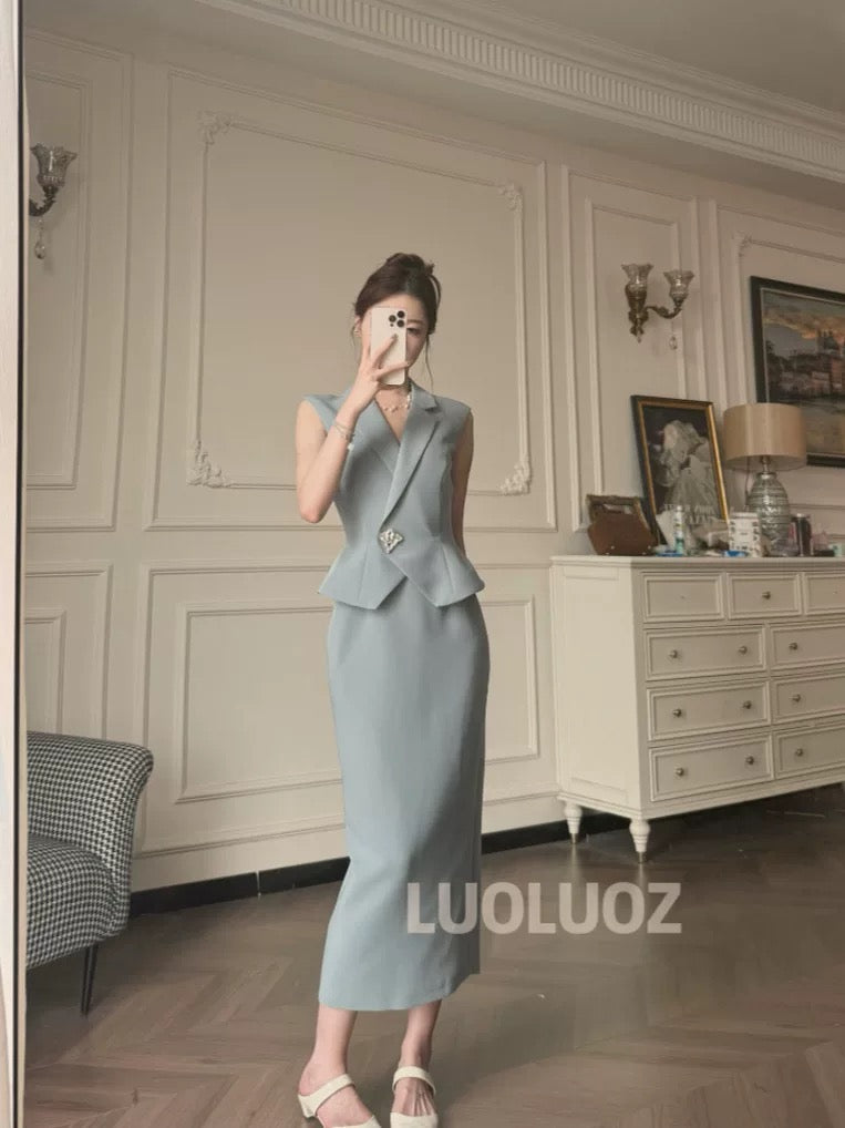 LUOLUOZ【Summer Melodies】High-End Elegance Light Luxury Faux Two-Piece Fashionable Long Dress CC186