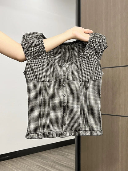 Xia Zhen Black Plaid Hot Girl Single-Breasted Short-Sleeve T-Shirt Summer New Style Ruffled Trim Design Unique Top