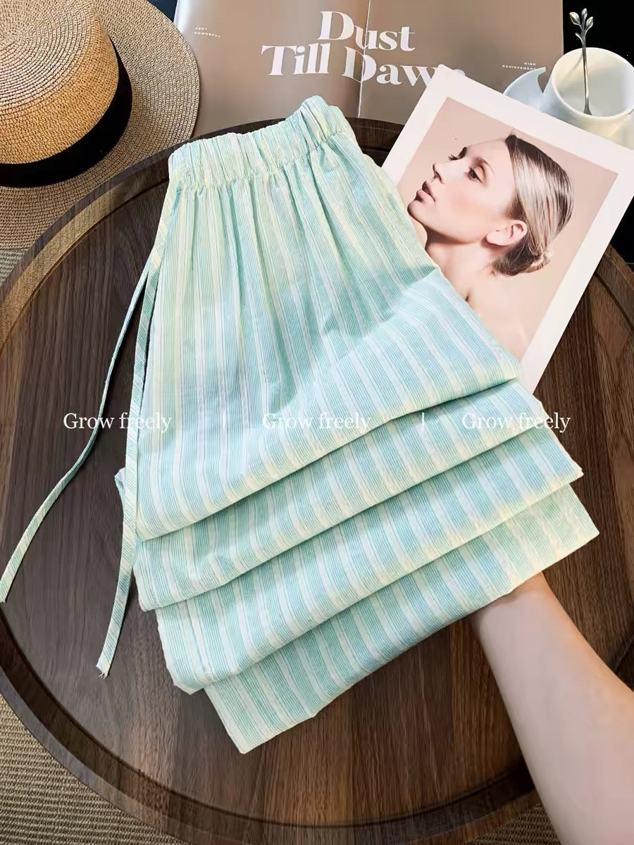 Grow freely dopamine green striped wide-leg pants, new summer style, high-waisted, slimming, loose, casual long pants.