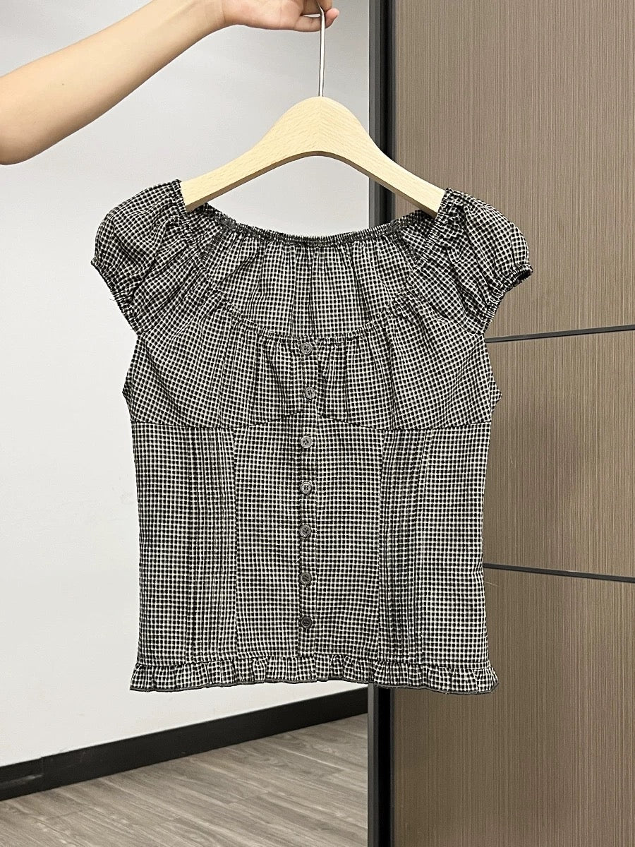 Xia Zhen Black Plaid Hot Girl Single-Breasted Short-Sleeve T-Shirt Summer New Style Ruffled Trim Design Unique Top