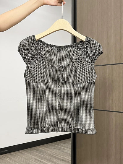 Xia Zhen Black Plaid Hot Girl Single-Breasted Short-Sleeve T-Shirt Summer New Style Ruffled Trim Design Unique Top