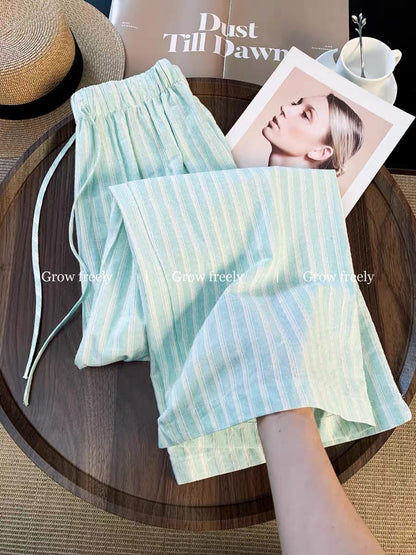 Grow freely dopamine green striped wide-leg pants, new summer style, high-waisted, slimming, loose, casual long pants.