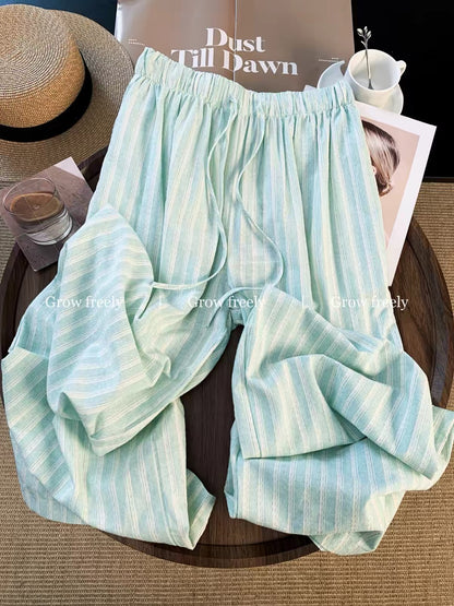 Grow freely dopamine green striped wide-leg pants, new summer style, high-waisted, slimming, loose, casual long pants.