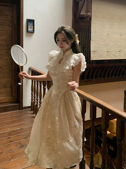 Bingbing is coming | [Nightingale under the Moon] Heavy Industry New National Style Improved Cheongsam Temperament Embroidered Disc Button Dress
