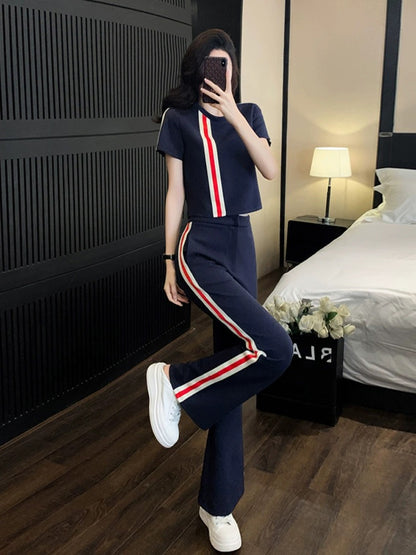 Internet celebrity street sports and leisure suit for women, summer fashion, age-reducing, slimming, short-sleeved, wide-leg pants, two-piece set, western style