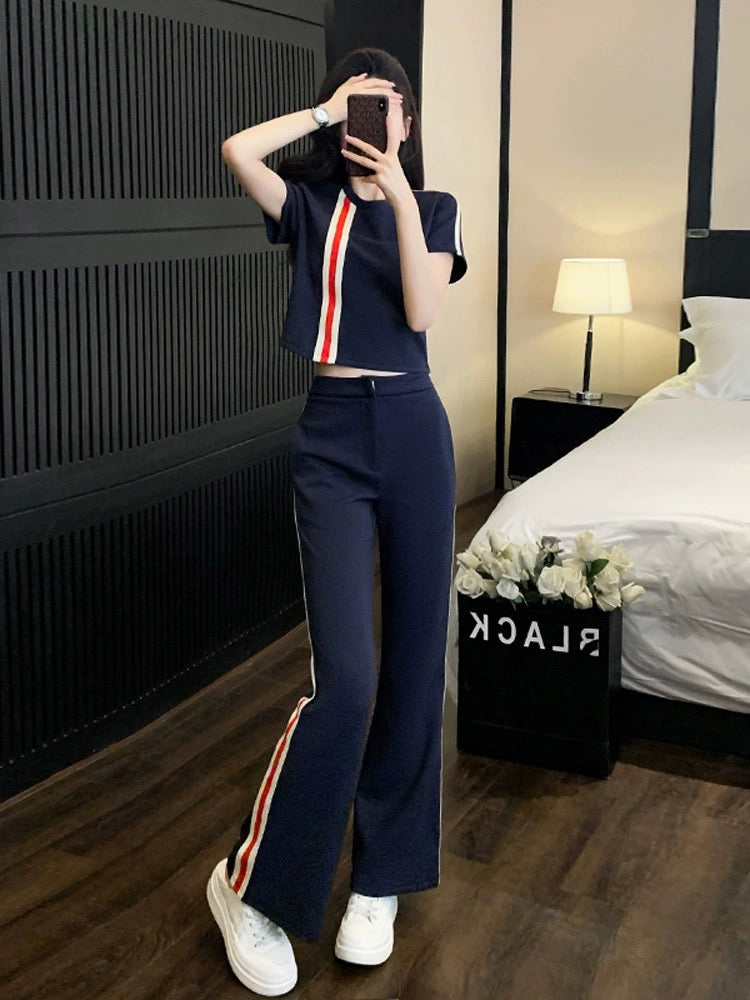 Internet celebrity street sports and leisure suit for women, summer fashion, age-reducing, slimming, short-sleeved, wide-leg pants, two-piece set, western style