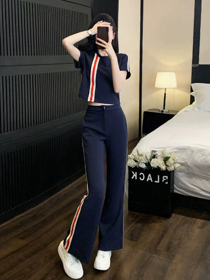 Internet celebrity street sports and leisure suit for women, summer fashion, age-reducing, slimming, short-sleeved, wide-leg pants, two-piece set, western style