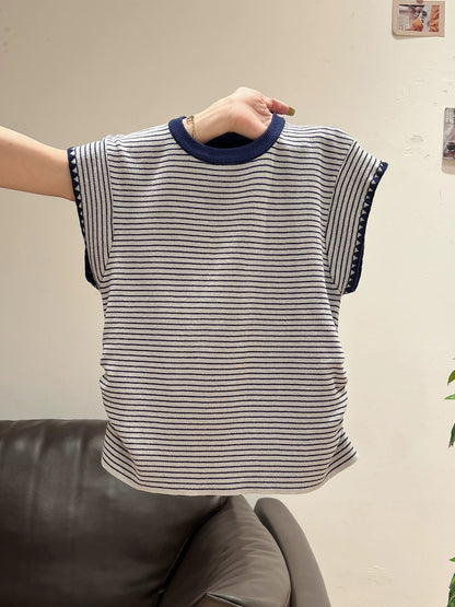 Xia Zhen Korean Style Striped Color Block Knitted Short-Sleeve T-Shirt Women's Summer New Ice Silk Thin Straight Shoulder High-End Top