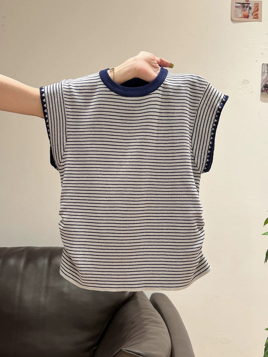 Xia Zhen Korean Style Striped Color Block Knitted Short-Sleeve T-Shirt Women's Summer New Ice Silk Thin Straight Shoulder High-End Top