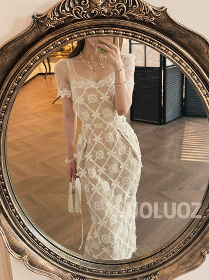 LUOLUOZ 【Heartbeat Supreme】Exquisitely Elegant Mesh Sleeve Waist-Defining Long Dress JF832