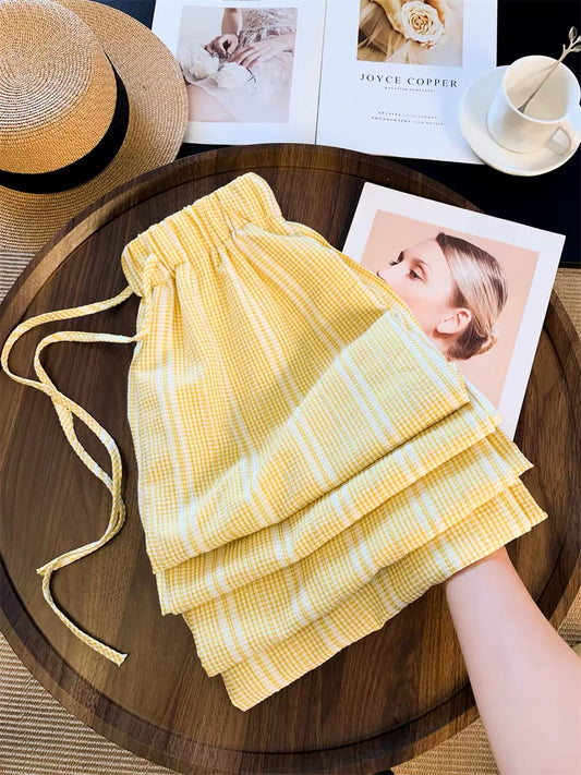 Stay Aweake's must-have item recommendation: Maillard style elastic waist drawstring plaid casual wide-leg pants for women, summer.