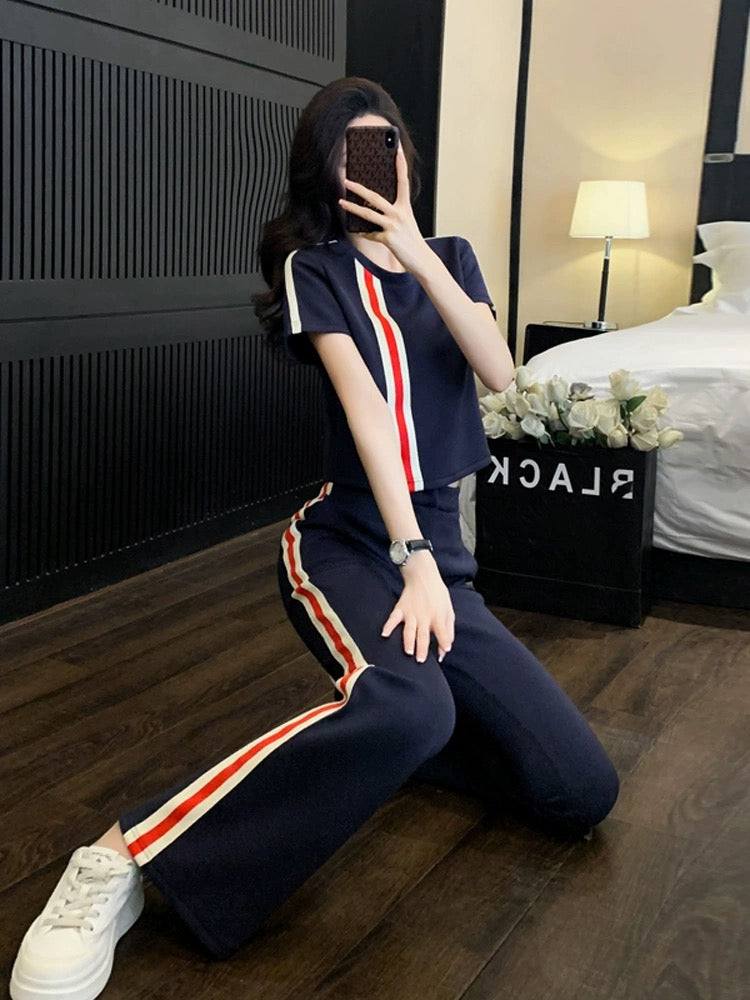 Internet celebrity street sports and leisure suit for women, summer fashion, age-reducing, slimming, short-sleeved, wide-leg pants, two-piece set, western style