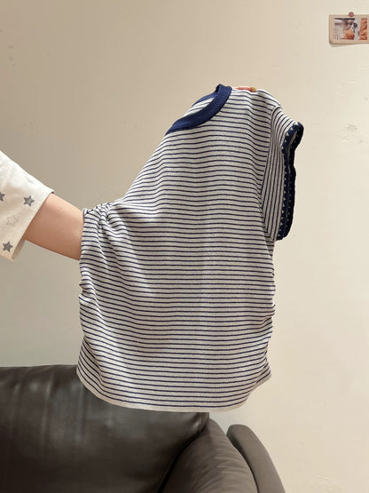 Xia Zhen Korean Style Striped Color Block Knitted Short-Sleeve T-Shirt Women's Summer New Ice Silk Thin Straight Shoulder High-End Top