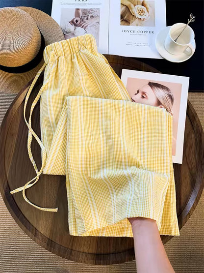 Stay Aweake's must-have item recommendation: Maillard style elastic waist drawstring plaid casual wide-leg pants for women, summer.