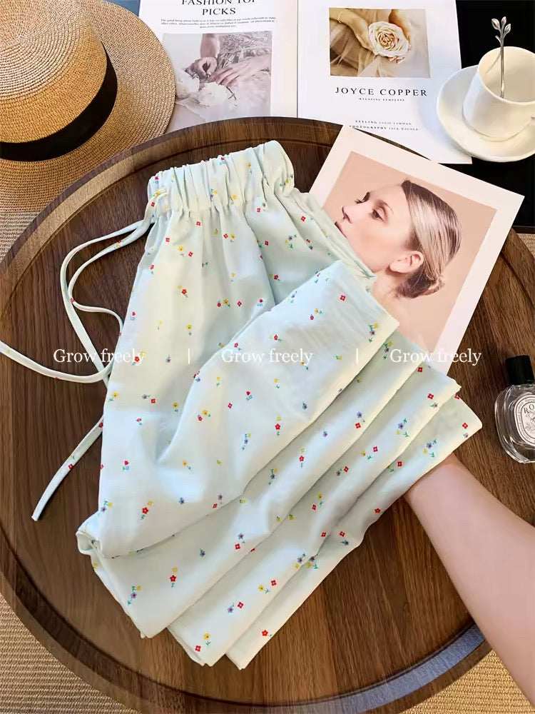 Grow freely Green floral print casual wide-leg pants for women, summer thin straight leg versatile Yamamoto pants