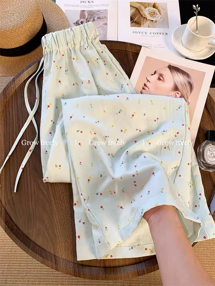 Grow freely Green floral print casual wide-leg pants for women, summer thin straight leg versatile Yamamoto pants