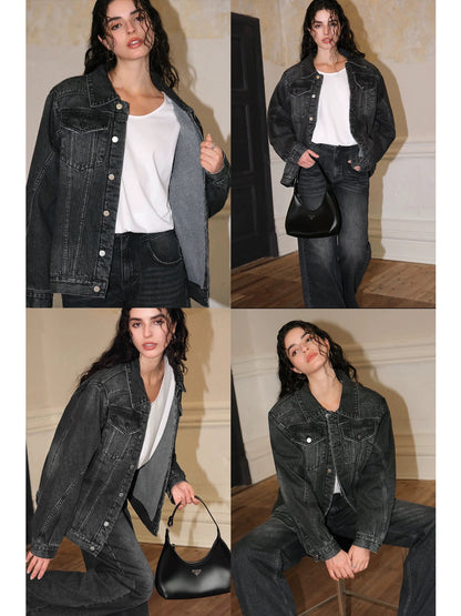 NEVA HU black short retro denim jacket for women 2024 new Korean style loose casual versatile jacket